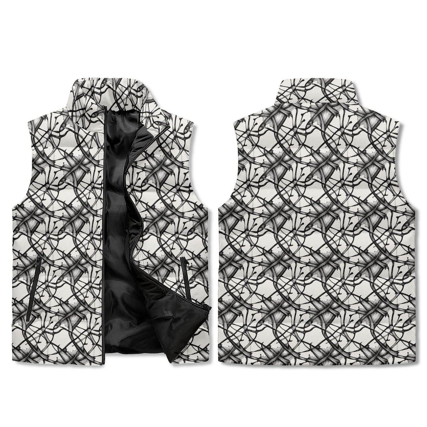 Floral Ink Unisex Lightweight Stand Collar Zip Up Puffer Vest - DeRose Seasonal