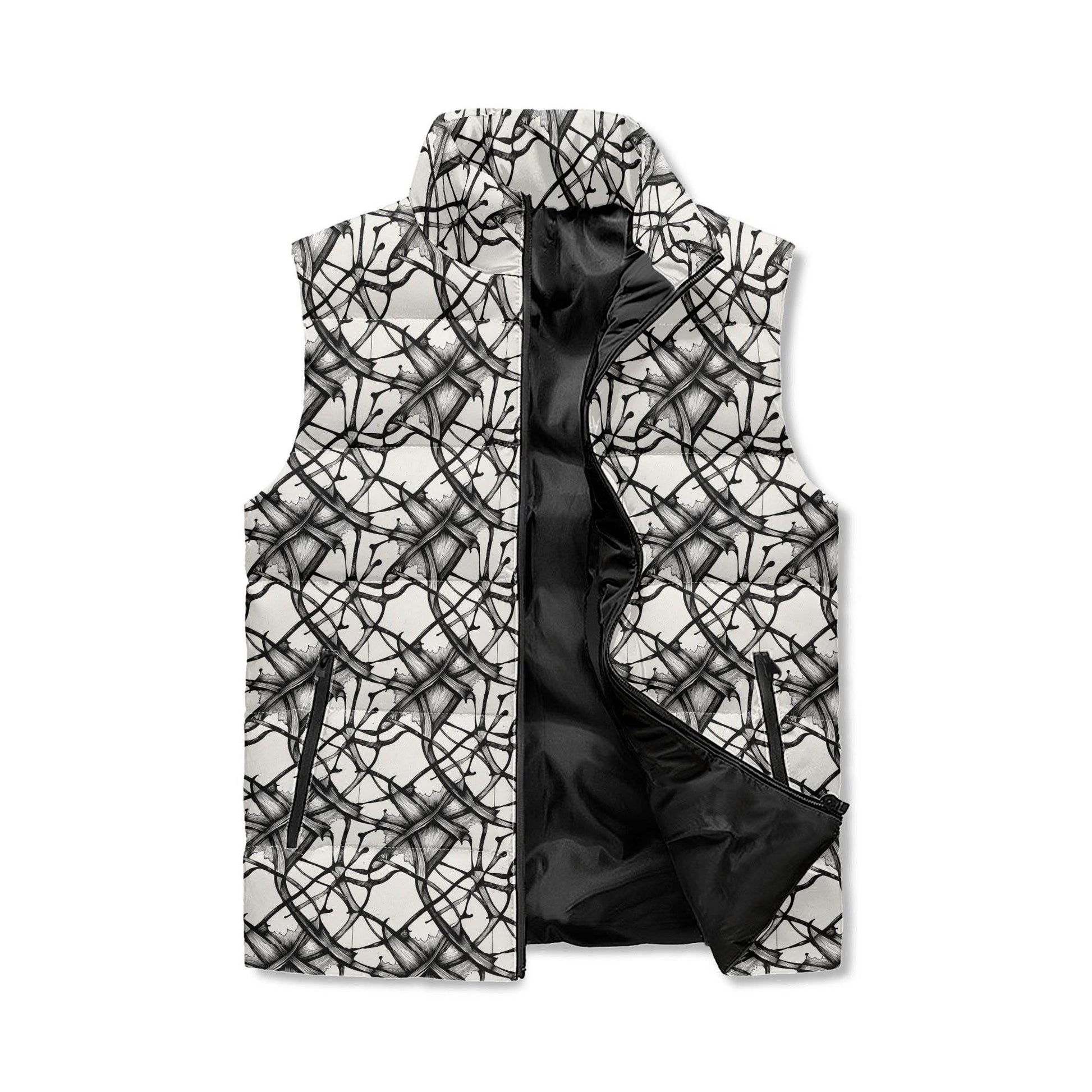 Floral Ink Unisex Lightweight Stand Collar Zip Up Puffer Vest - DeRose Seasonal