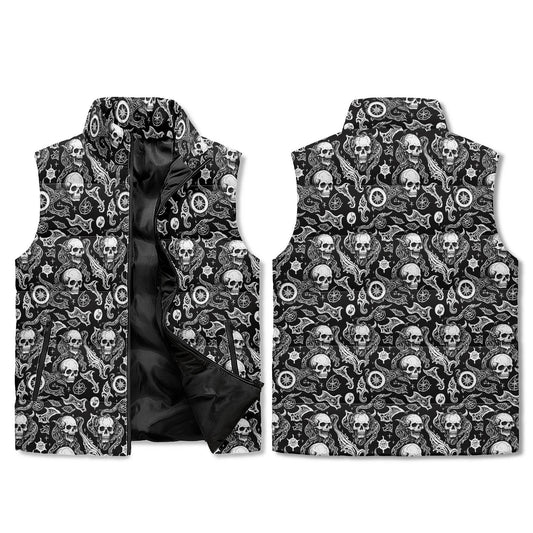 Flying Skulls Unisex Lightweight Stand Collar Zip Up Puffer Vest - DeRose Seasonal
