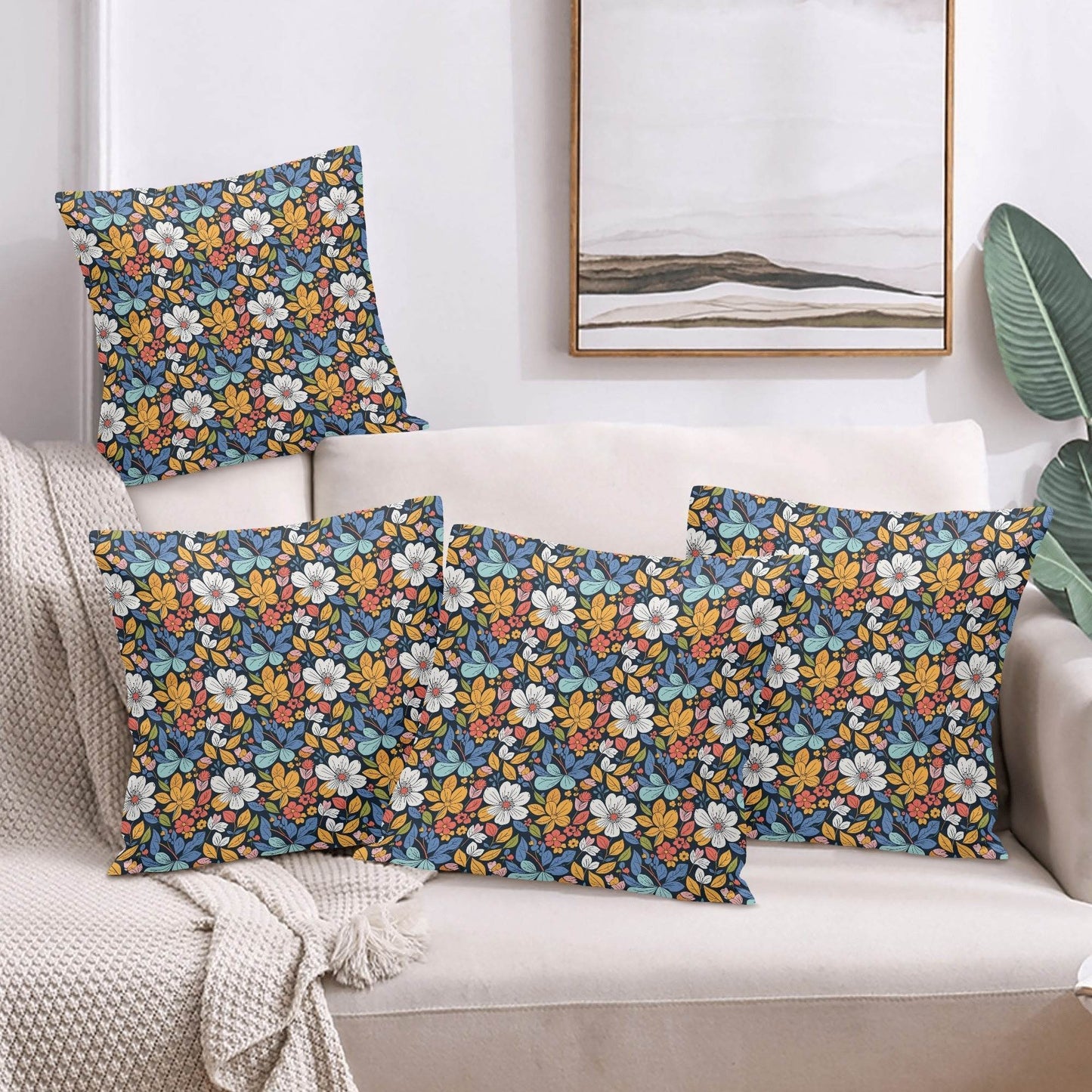 Bright Flowers Peach Velvet 4 Pcs Square Pillow Case Covers (5 sizes) - DeRose Seasonal