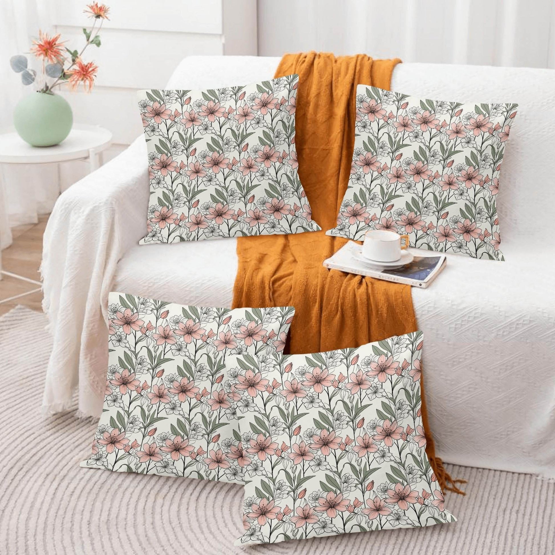Japan Floral Peach Velvet 4 Pcs Square Pillow Case Covers (5 sizes) - DeRose Seasonal