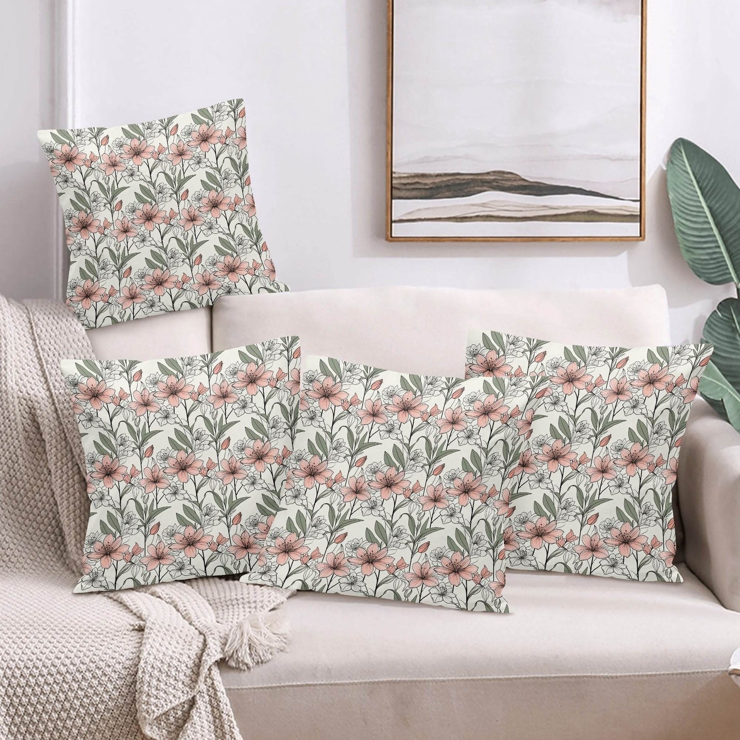 Japan Floral Peach Velvet 4 Pcs Square Pillow Case Covers (5 sizes) - DeRose Seasonal