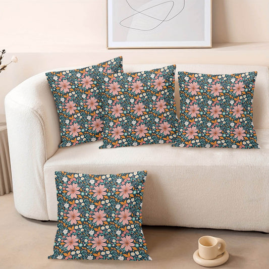 Wild Flowers Peach Velvet 4 Pcs Square Pillow Case Covers (5 sizes) - DeRose Seasonal
