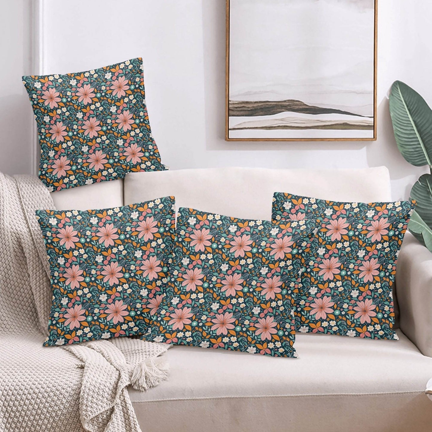 Wild Flowers Peach Velvet 4 Pcs Square Pillow Case Covers (5 sizes) - DeRose Seasonal
