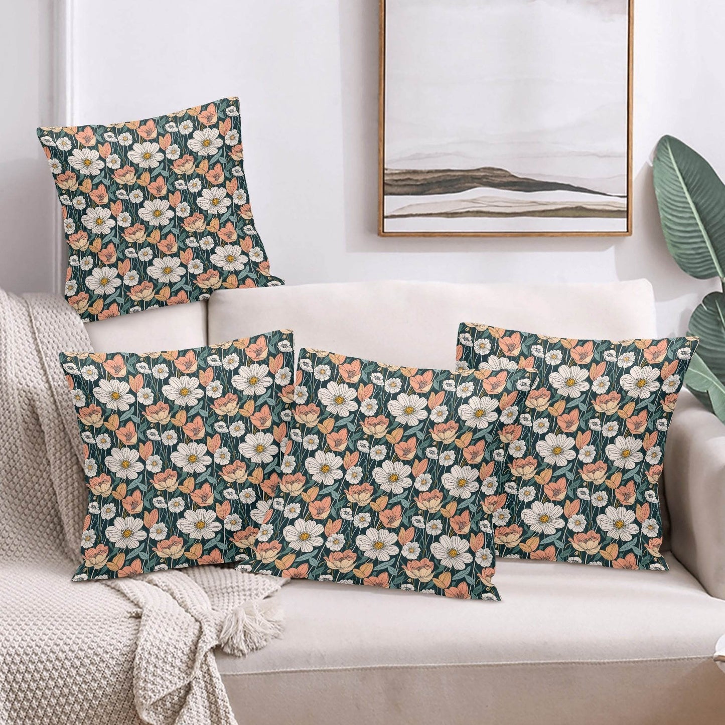 Tulips and Daisys Peach Velvet 4 Pcs Square Pillow Case Covers (5 sizes) - DeRose Seasonal