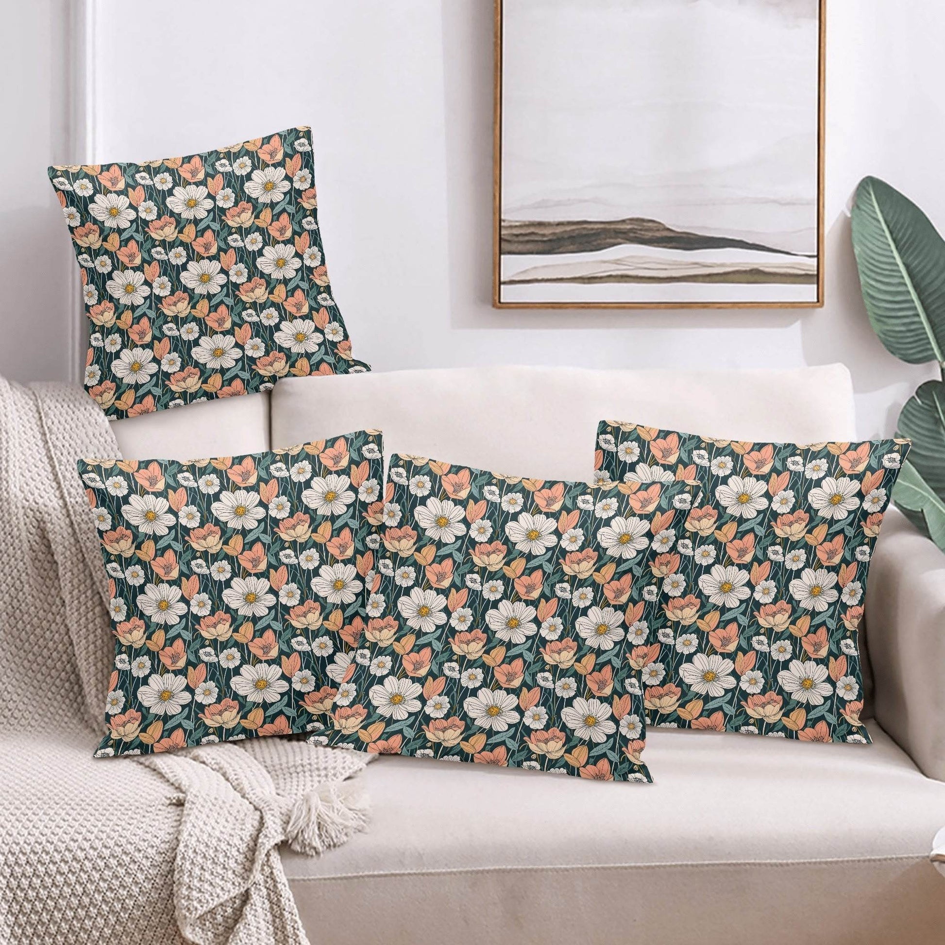 Tulips and Daisys Peach Velvet 4 Pcs Square Pillow Case Covers (5 sizes) - DeRose Seasonal