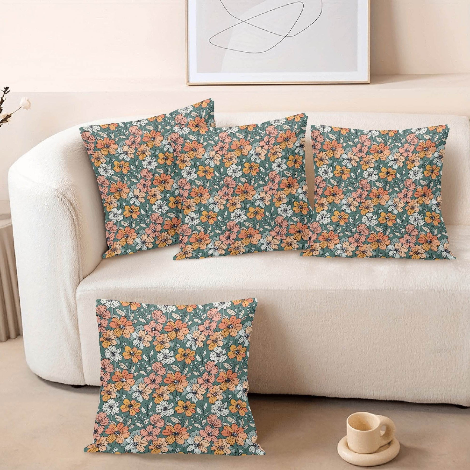 Pastel Flowers Peach Velvet 4 Pcs Square Pillow Case Covers (5 sizes) - DeRose Seasonal