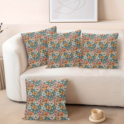 Pastel Flowers Peach Velvet 4 Pcs Square Pillow Case Covers (5 sizes) - DeRose Seasonal
