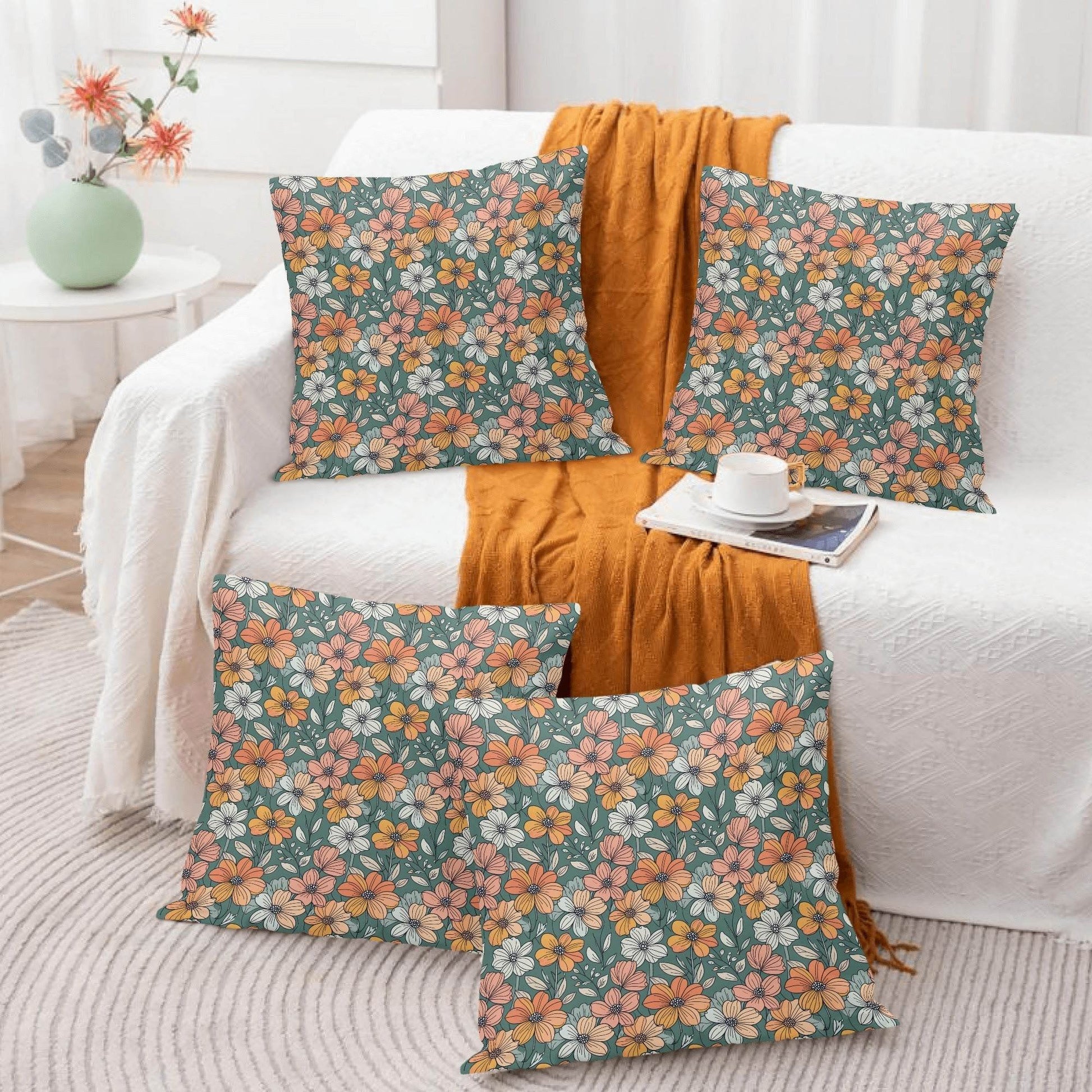 Pastel Flowers Peach Velvet 4 Pcs Square Pillow Case Covers (5 sizes) - DeRose Seasonal
