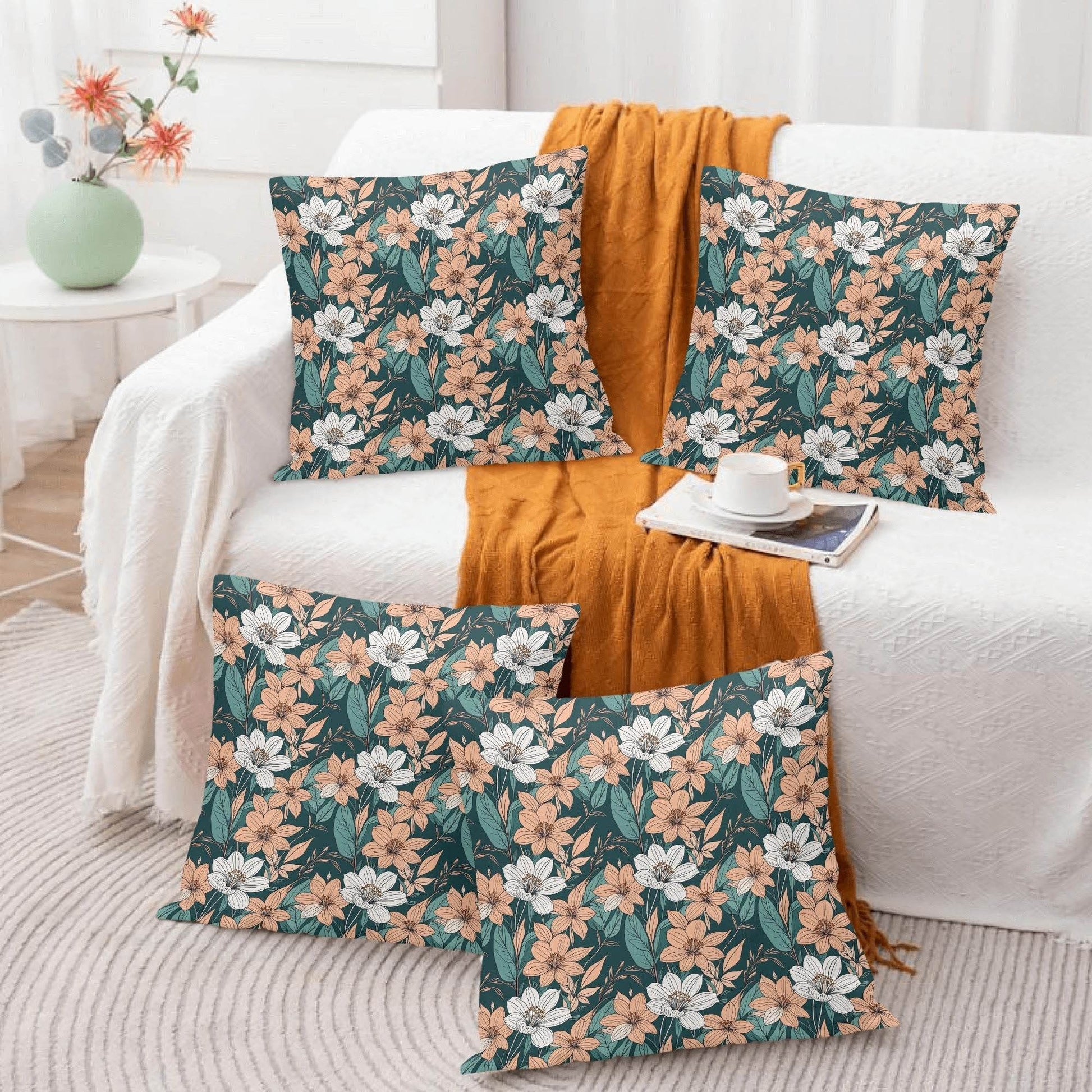Pastel Floral Peach Velvet 4 Pcs Square Pillow Case Covers (5 sizes) - DeRose Seasonal