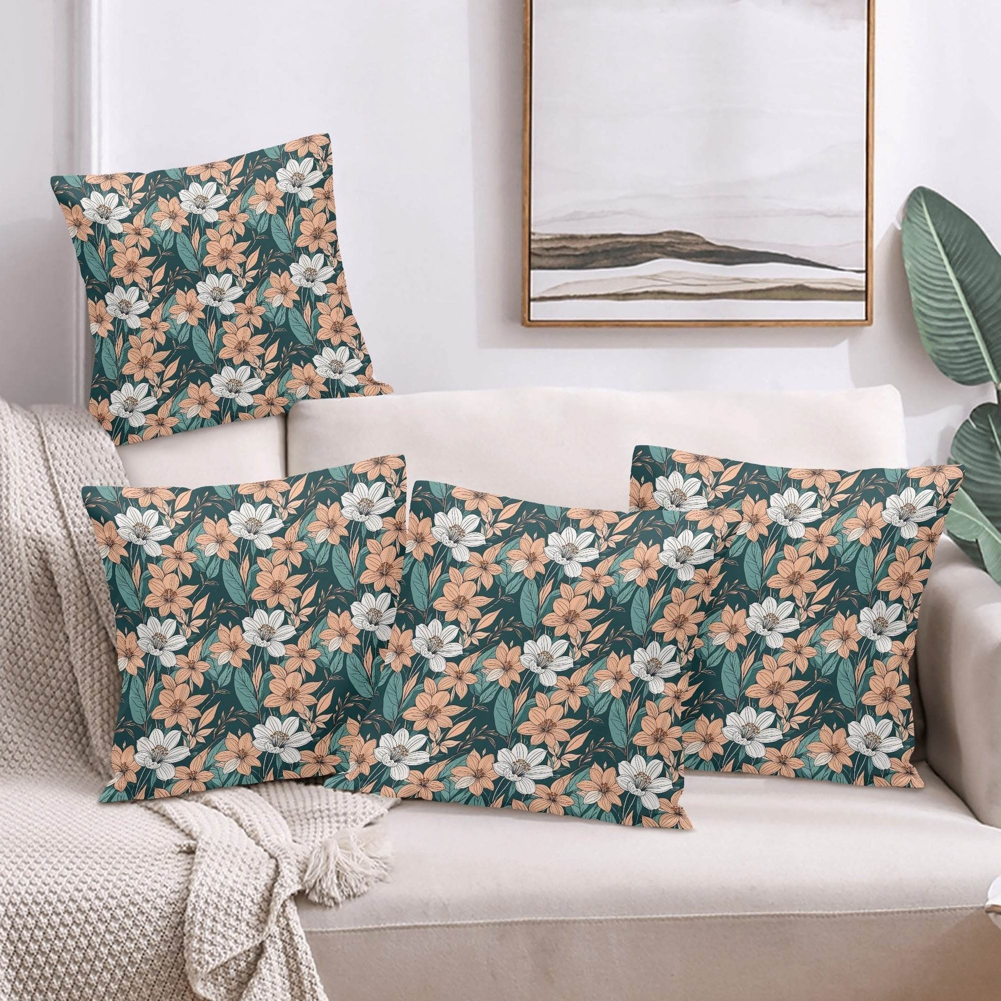 Pastel Floral Peach Velvet 4 Pcs Square Pillow Case Covers (5 sizes) - DeRose Seasonal
