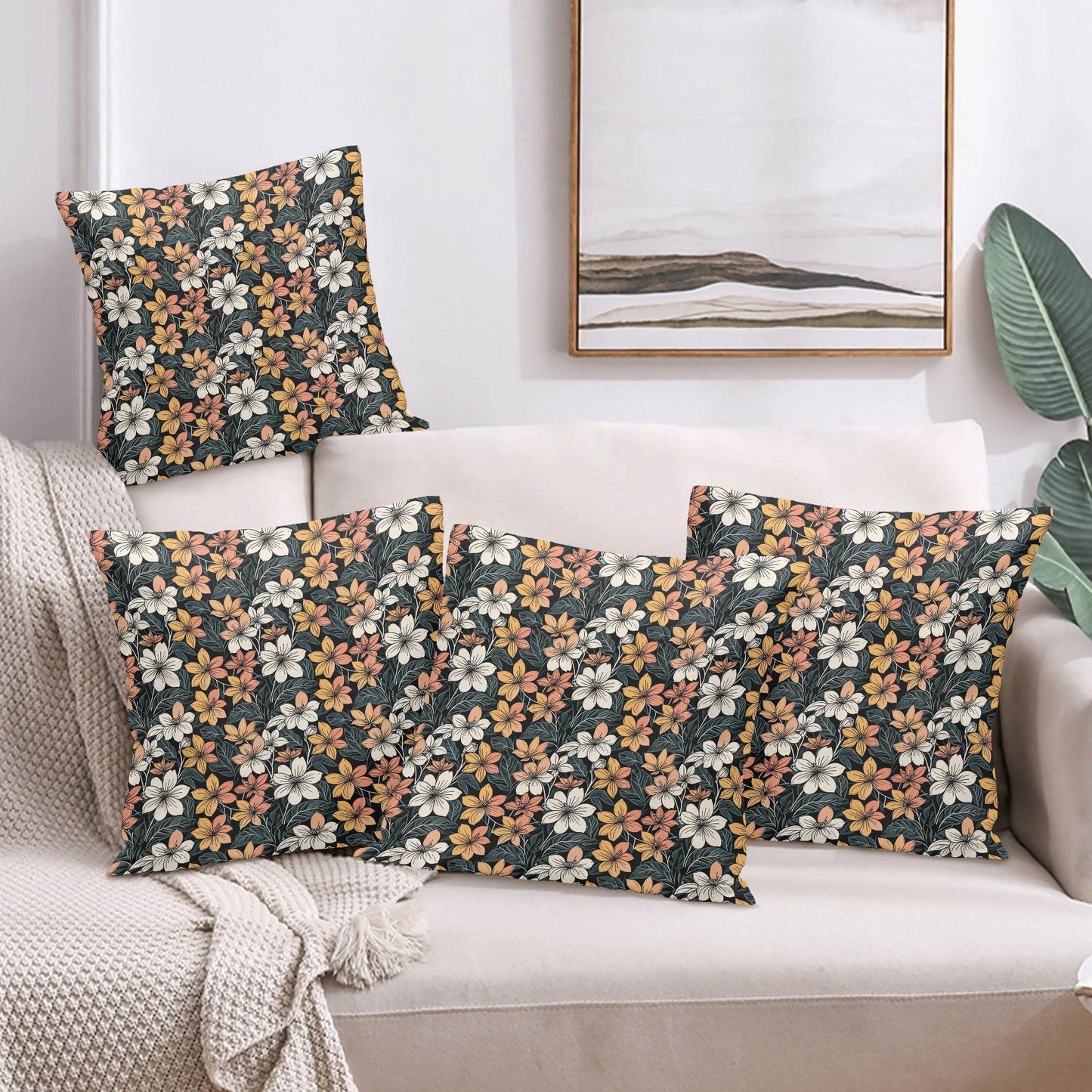 Field of Flowers Peach Velvet 4 Pcs Square Pillow Case Covers (5 sizes) - DeRose Seasonal