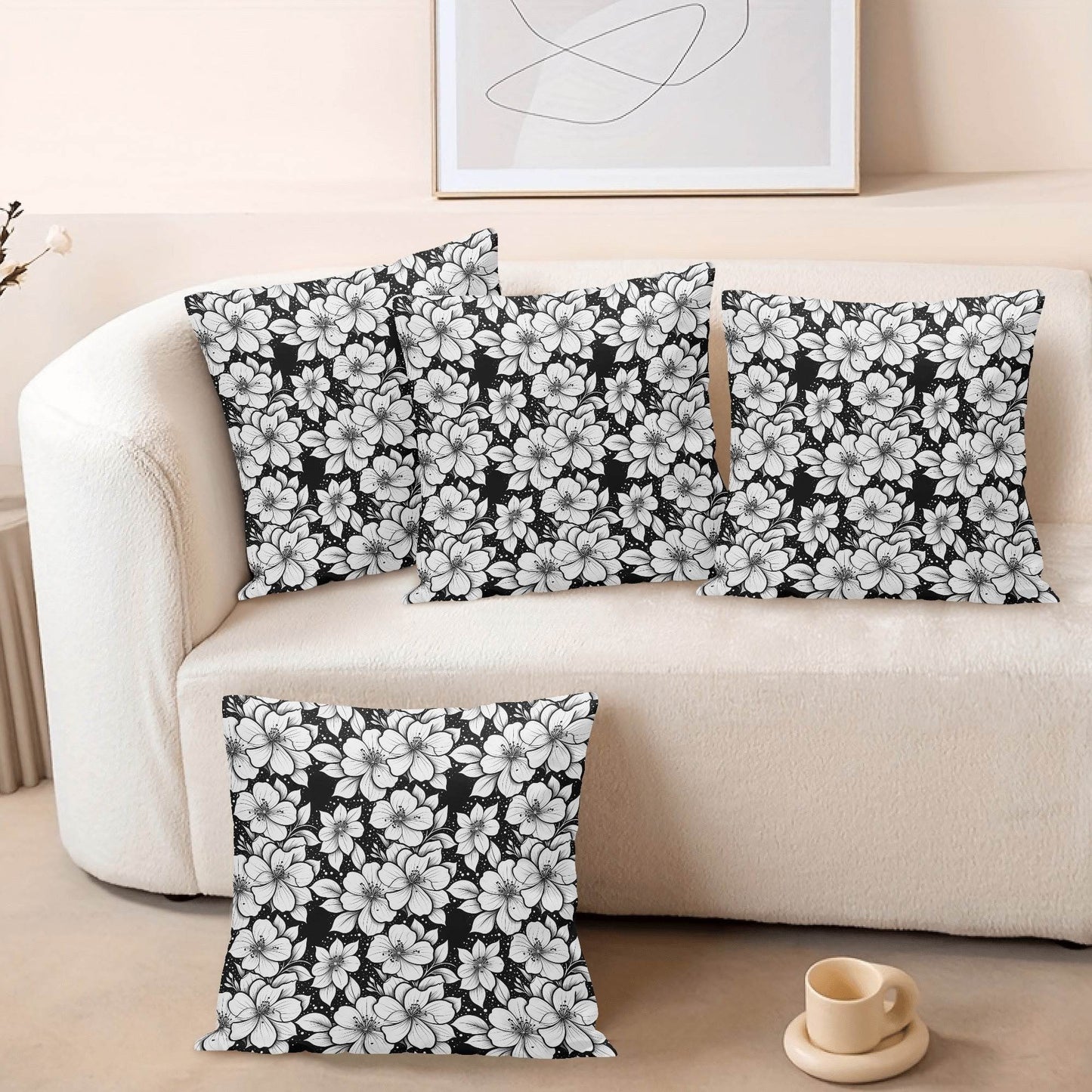 Black and White Floral Peach Velvet 4 Pcs Square Pillow Case Covers (5 sizes) - DeRose Seasonal