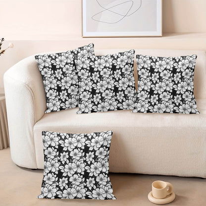 Black and White Floral Peach Velvet 4 Pcs Square Pillow Case Covers (5 sizes) - DeRose Seasonal