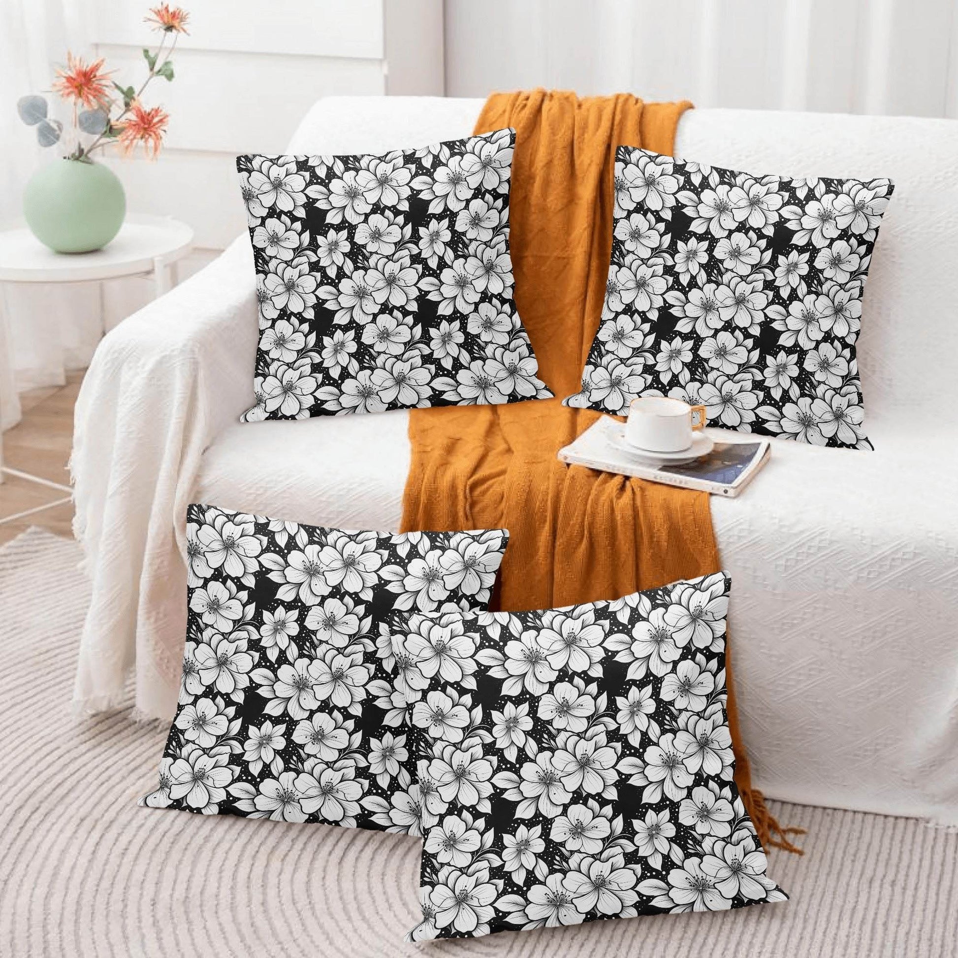 Black and White Floral Peach Velvet 4 Pcs Square Pillow Case Covers (5 sizes) - DeRose Seasonal