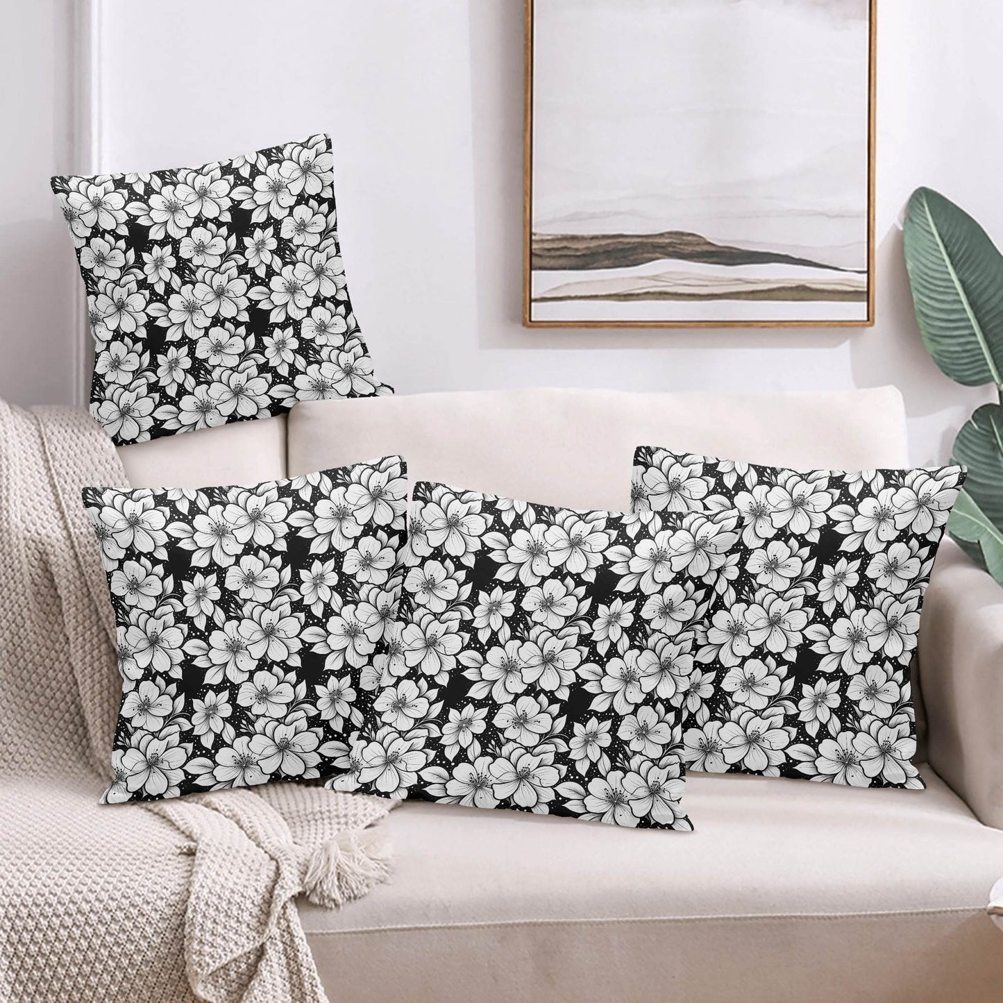 Black and White Floral Peach Velvet 4 Pcs Square Pillow Case Covers (5 sizes) - DeRose Seasonal