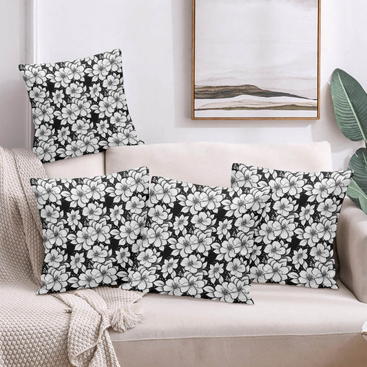 Black and White Floral Peach Velvet 4 Pcs Square Pillow Case Covers (5 sizes) - DeRose Seasonal