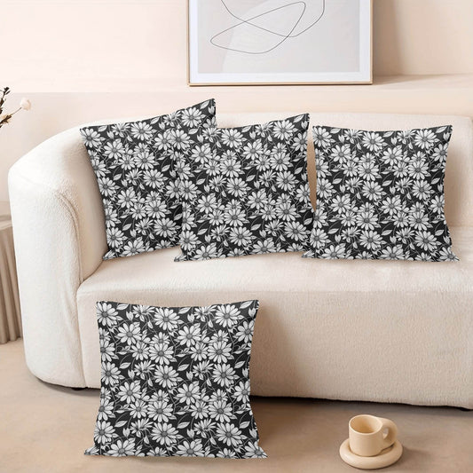 Black and White Daisys Peach Velvet 4 Pcs Square Pillow Case Covers (5 sizes) - DeRose Seasonal