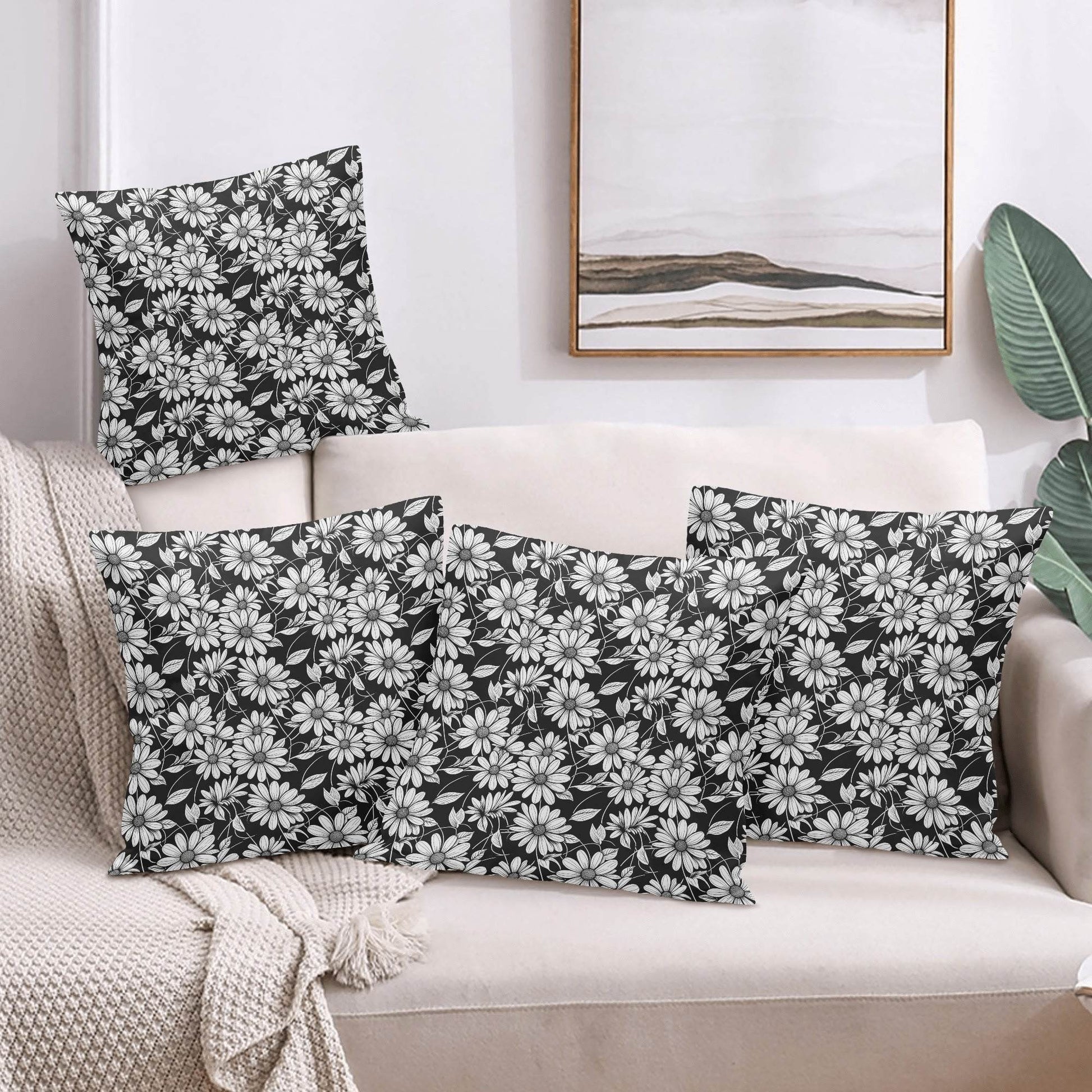 Black and White Daisys Peach Velvet 4 Pcs Square Pillow Case Covers (5 sizes) - DeRose Seasonal