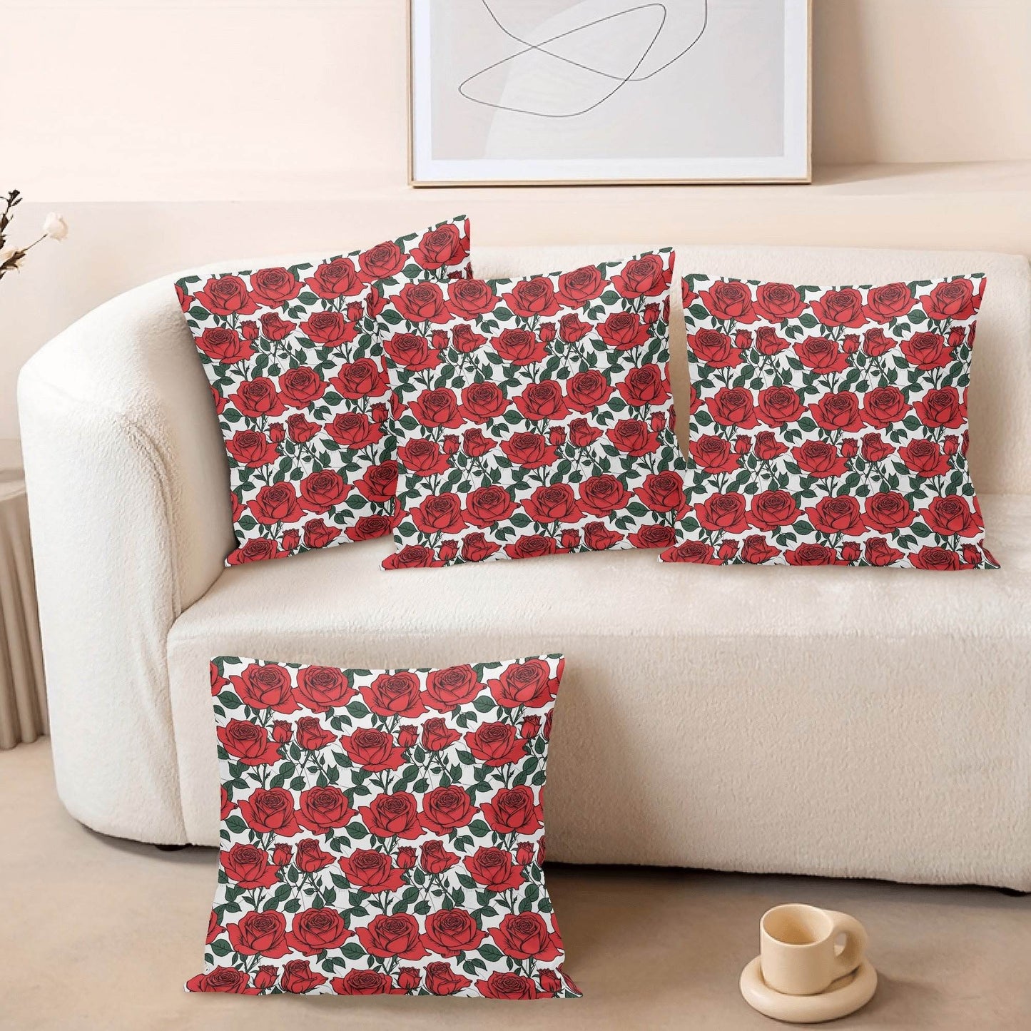 Red Leafy Roses Peach Velvet 4 Pcs Square Pillow Case Covers (5 sizes) - DeRose Seasonal