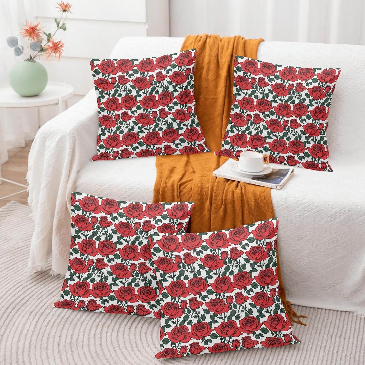 Red Leafy Roses Peach Velvet 4 Pcs Square Pillow Case Covers (5 sizes) - DeRose Seasonal