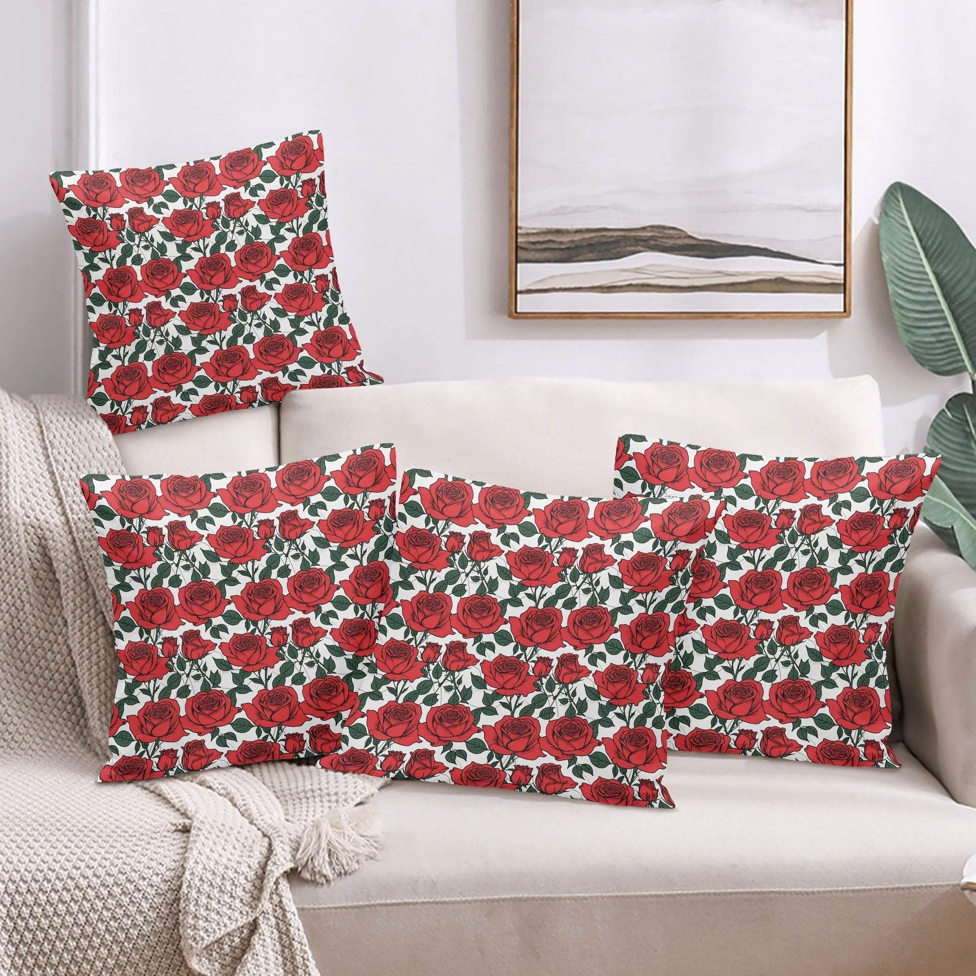 Red Leafy Roses Peach Velvet 4 Pcs Square Pillow Case Covers (5 sizes) - DeRose Seasonal