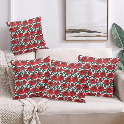Red Leafy Roses Peach Velvet 4 Pcs Square Pillow Case Covers (5 sizes) - DeRose Seasonal