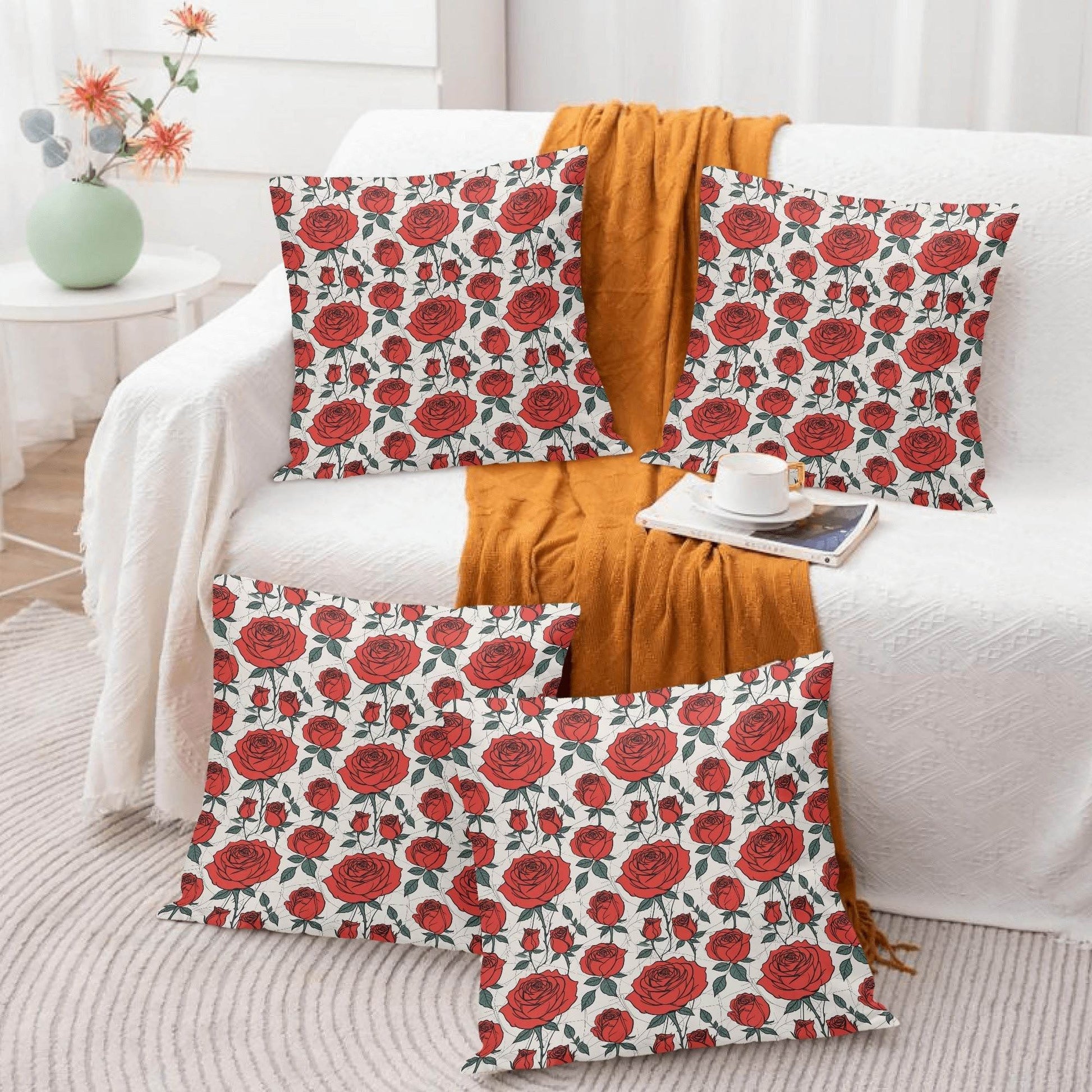 Red Roses Peach Velvet 4 Pcs Square Pillow Case Covers (5 sizes) - DeRose Seasonal