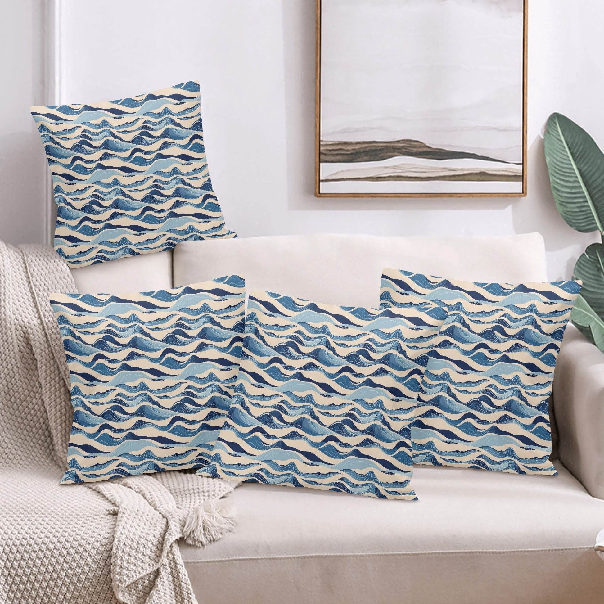 Blue Waves Peach Velvet 4 Pcs Square Pillow Case Covers (5 sizes) - DeRose Seasonal