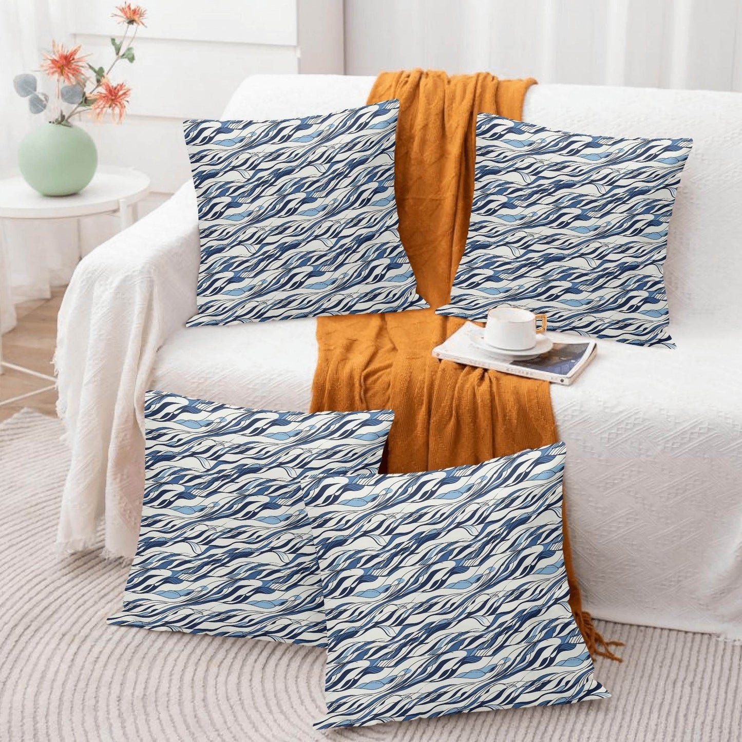 Ocean Lines Peach Velvet 4 Pcs Square Pillow Case Covers (5 sizes) - DeRose Seasonal