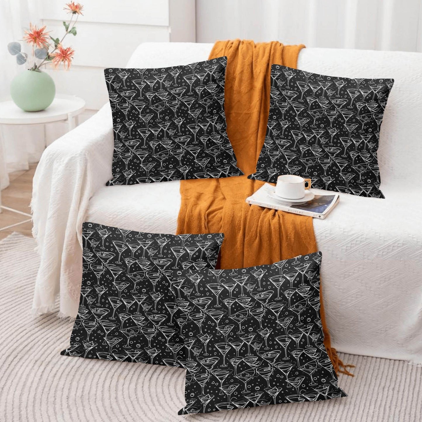 Black and White Martini Peach Velvet 4 Pcs Square Pillow Case Covers (5 sizes) - DeRose Seasonal