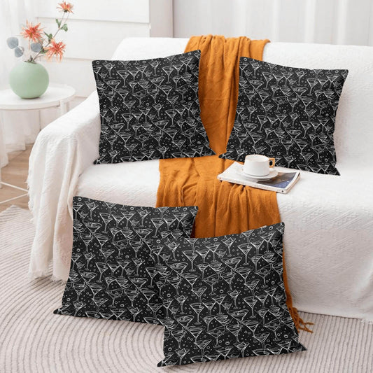Black and White Martini Peach Velvet 4 Pcs Square Pillow Case Covers (5 sizes) - DeRose Seasonal
