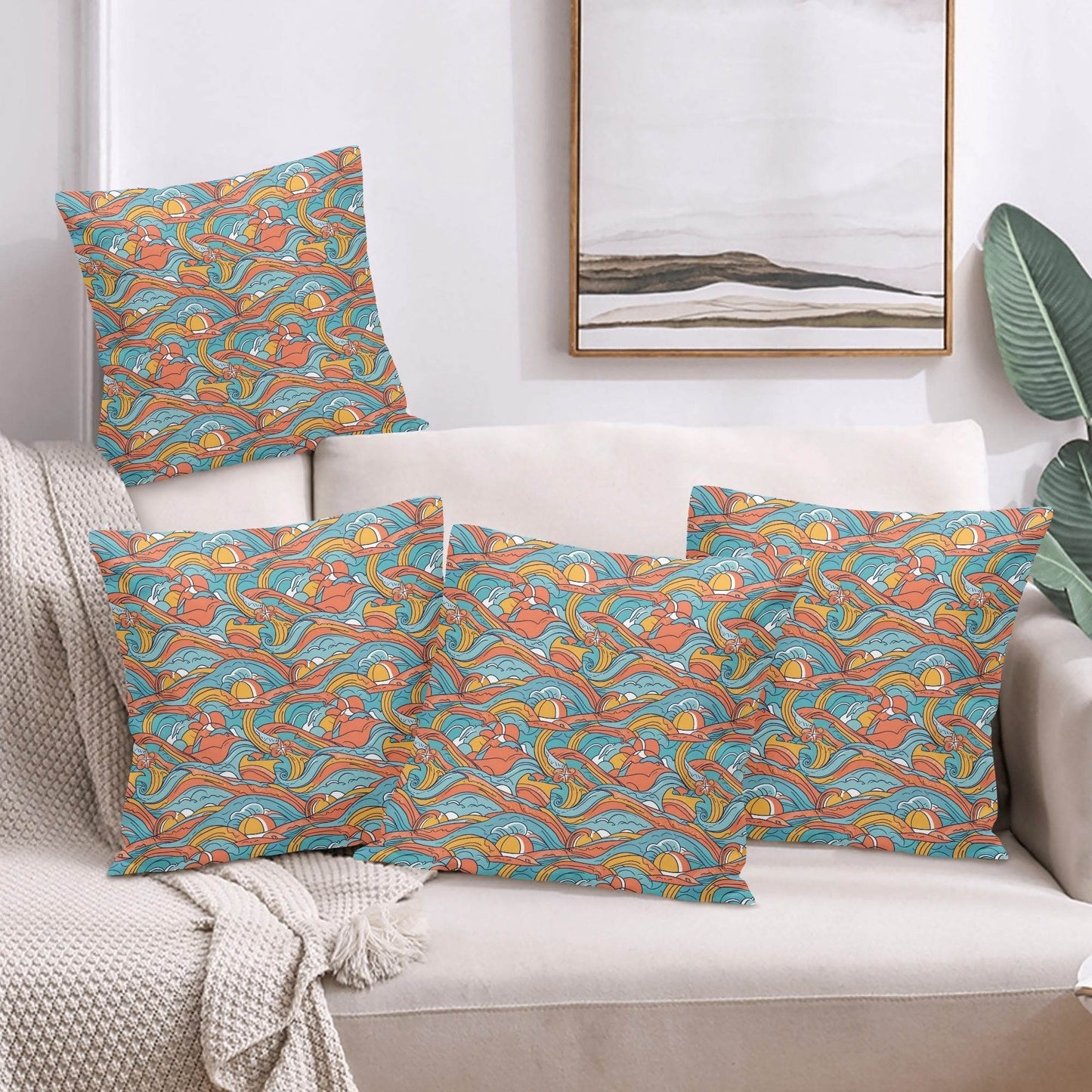 Ocean Abstract Peach Velvet 4 Pcs Square Pillow Case Covers (5 sizes) - DeRose Seasonal