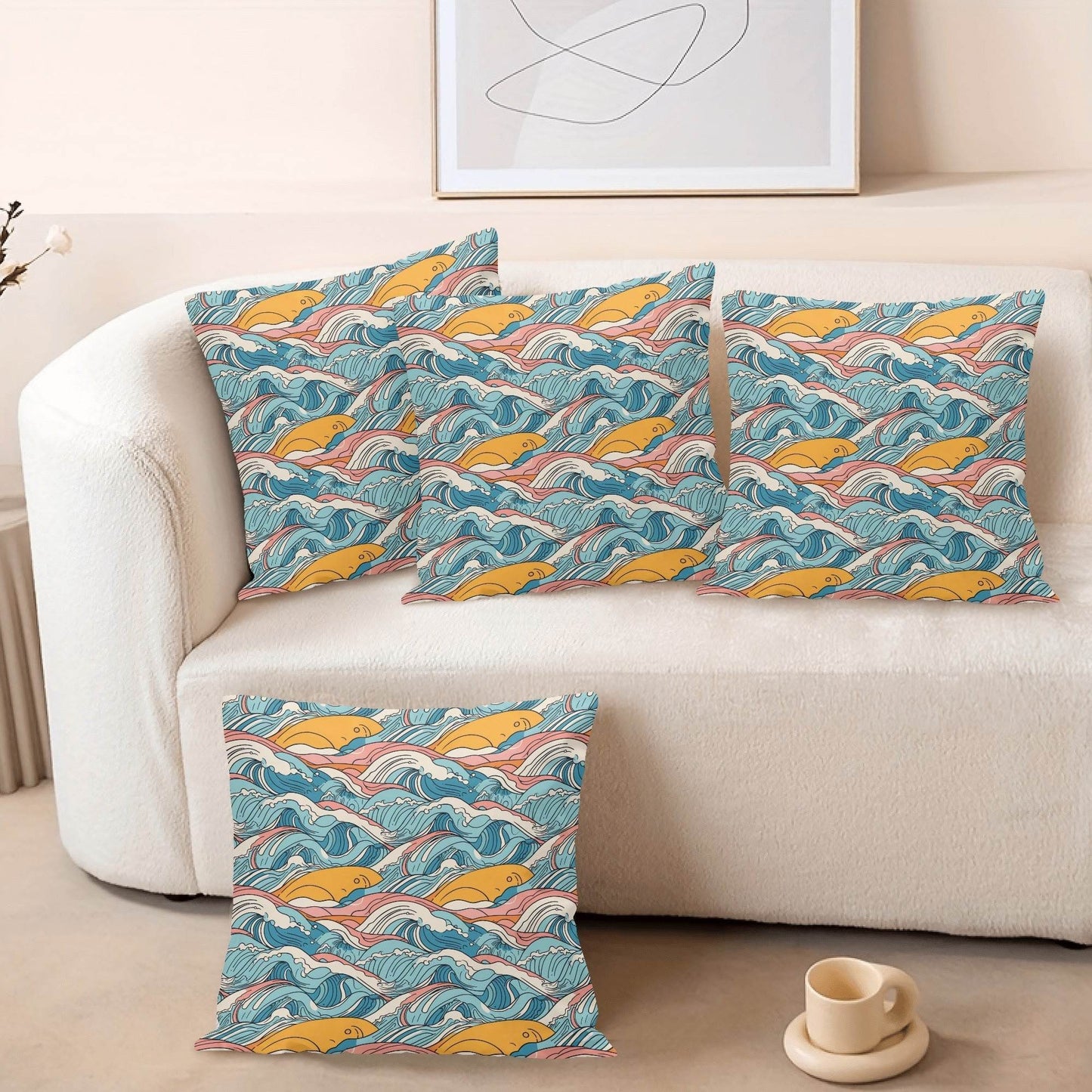 Sun in the Waves Peach Velvet 4 Pcs Square Pillow Case Covers (5 sizes) - DeRose Seasonal