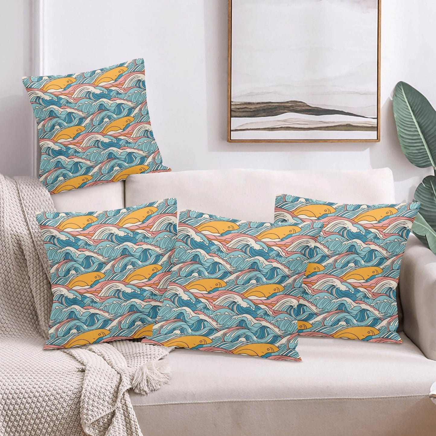 Sun in the Waves Peach Velvet 4 Pcs Square Pillow Case Covers (5 sizes) - DeRose Seasonal
