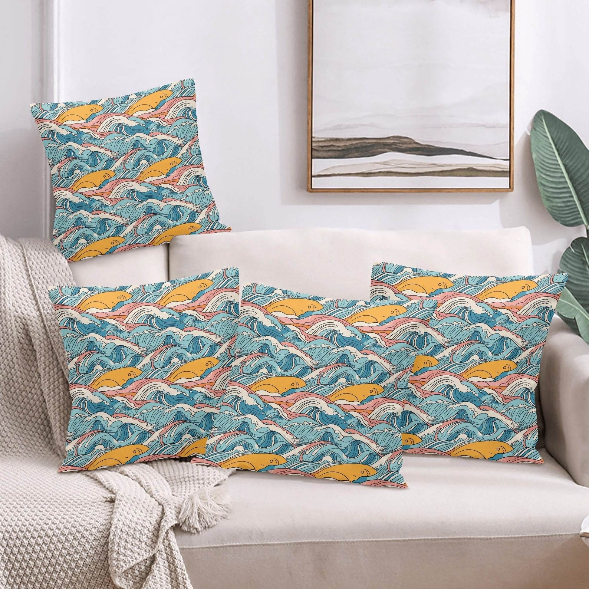 Sun in the Waves Peach Velvet 4 Pcs Square Pillow Case Covers (5 sizes) - DeRose Seasonal