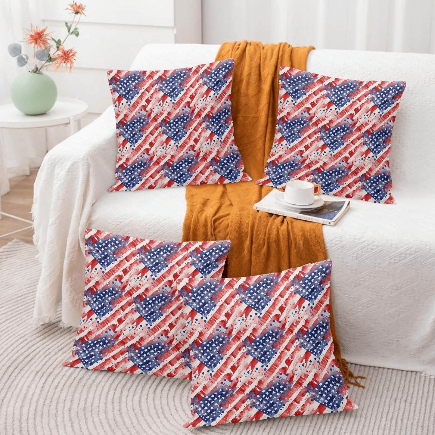 Watercolor Independence Peach Velvet 4 Pcs Square Pillow Case Covers (5 sizes) - DeRose Seasonal