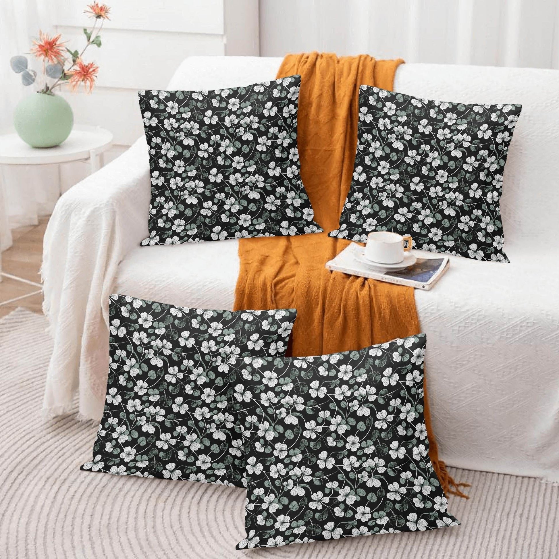 White and Green Clovers Velvet 4 Pcs Square Pillow Case Covers (5 sizes) - DeRose Seasonal