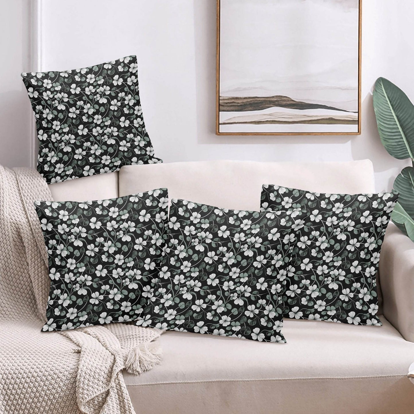 White and Green Clovers Velvet 4 Pcs Square Pillow Case Covers (5 sizes) - DeRose Seasonal