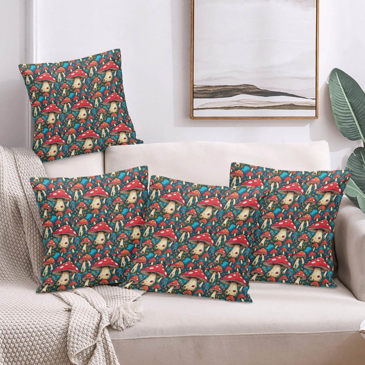 Deathcap Mushroom Peach Velvet 4 Pcs Square Pillow Case Covers (5 sizes) - DeRose Seasonal