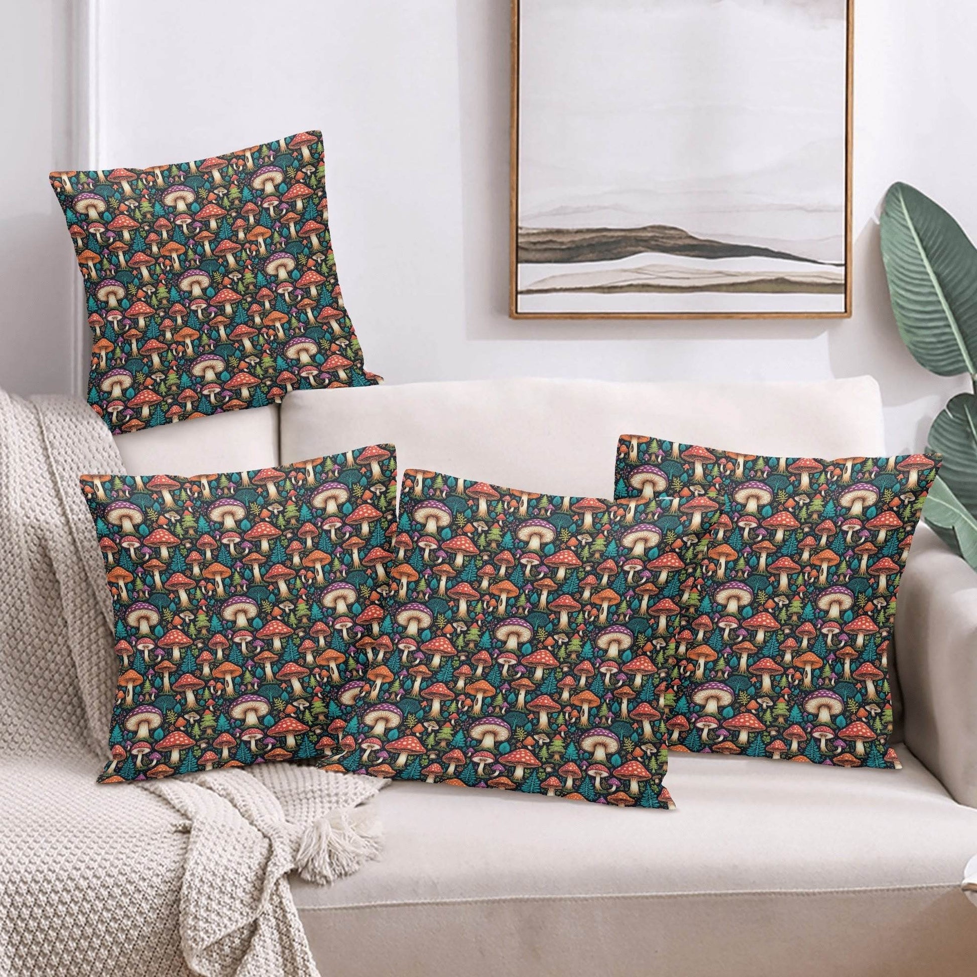 Forest Shrooms Peach Velvet 4 Pcs Square Pillow Case Covers (5 sizes) - DeRose Seasonal