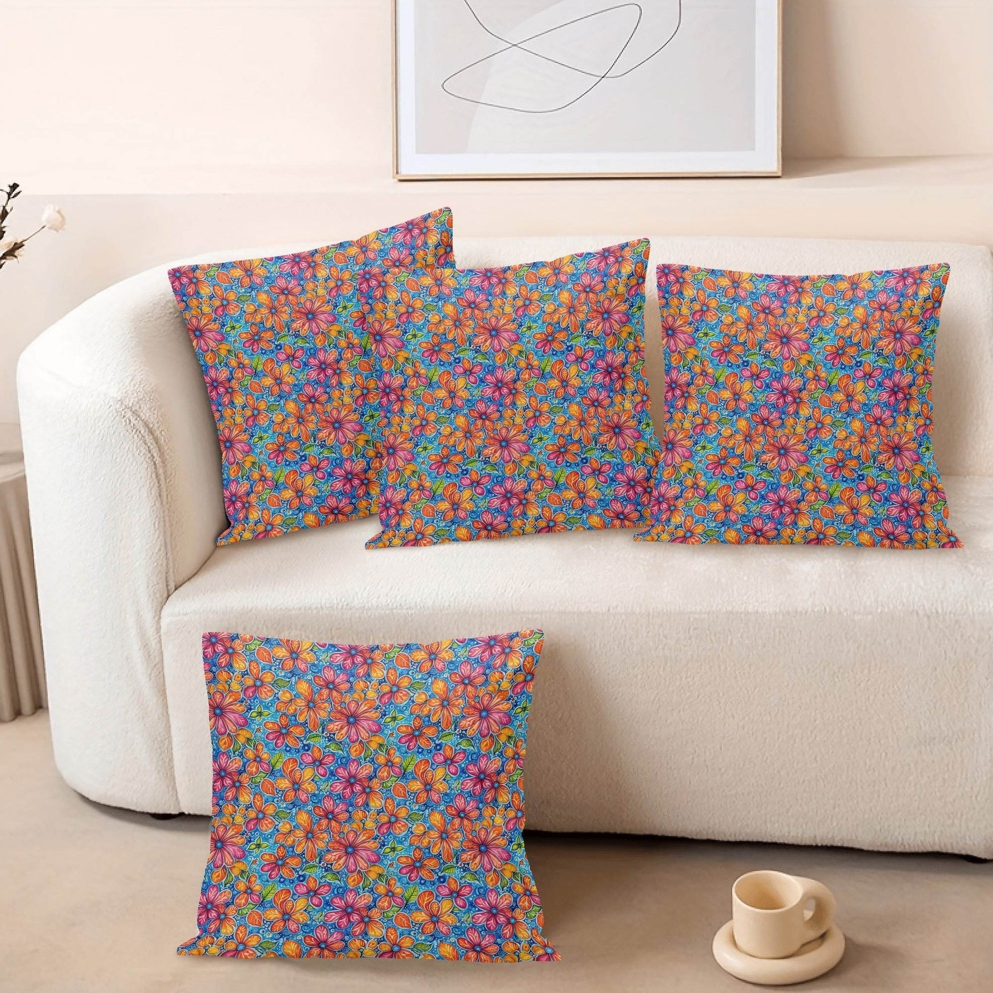 Floral Trippy Peach Velvet 4 Pcs Square Pillow Case Covers (5 sizes) - DeRose Seasonal