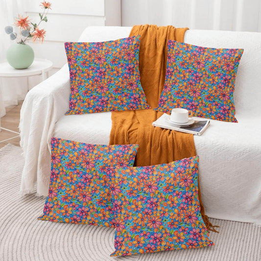Floral Trippy Peach Velvet 4 Pcs Square Pillow Case Covers (5 sizes) - DeRose Seasonal