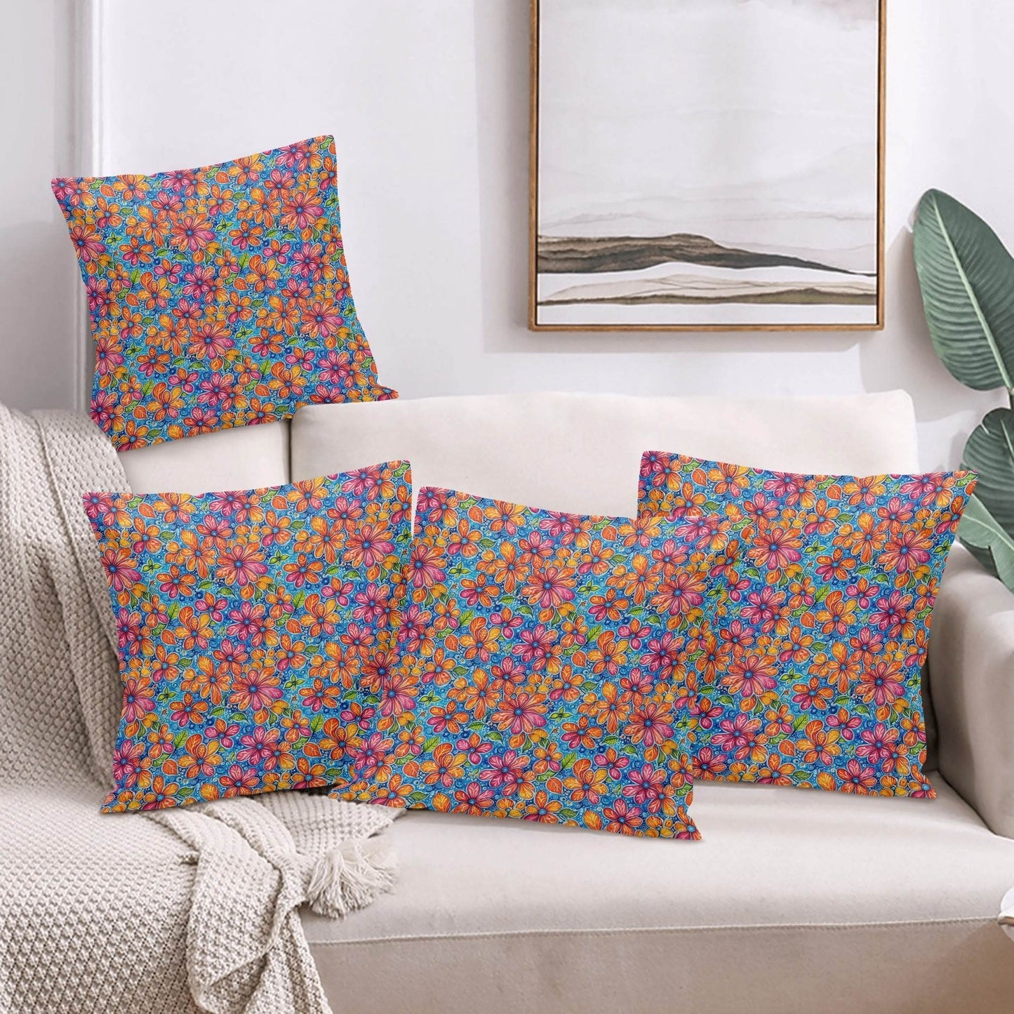 Floral Trippy Peach Velvet 4 Pcs Square Pillow Case Covers (5 sizes) - DeRose Seasonal