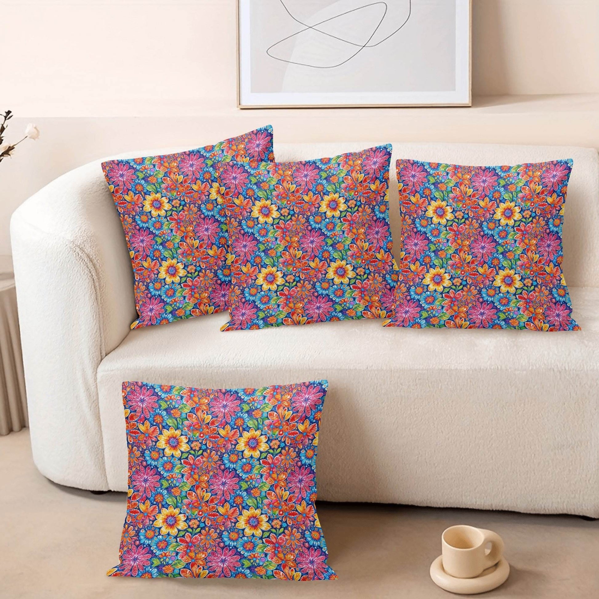 Groovy Flowers Peach Velvet 4 Pcs Square Pillow Case Covers (5 sizes) - DeRose Seasonal