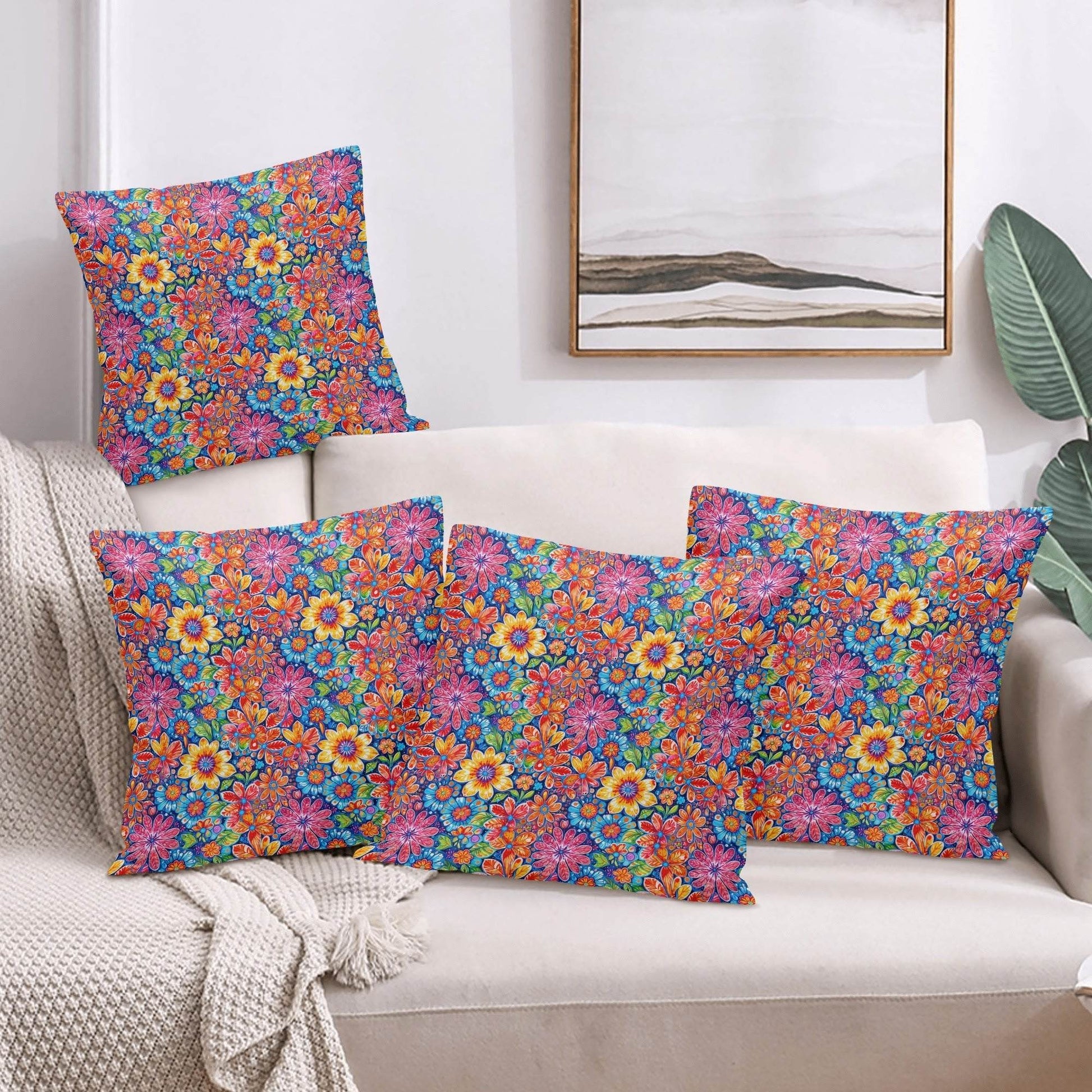 Groovy Flowers Peach Velvet 4 Pcs Square Pillow Case Covers (5 sizes) - DeRose Seasonal