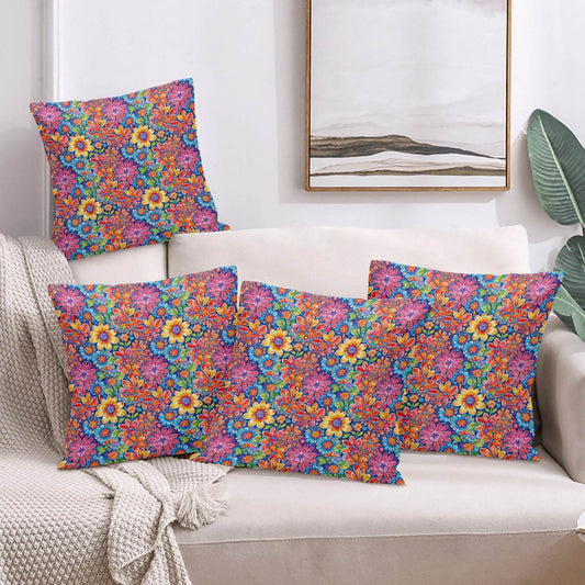 Groovy Flowers Peach Velvet 4 Pcs Square Pillow Case Covers (5 sizes) - DeRose Seasonal