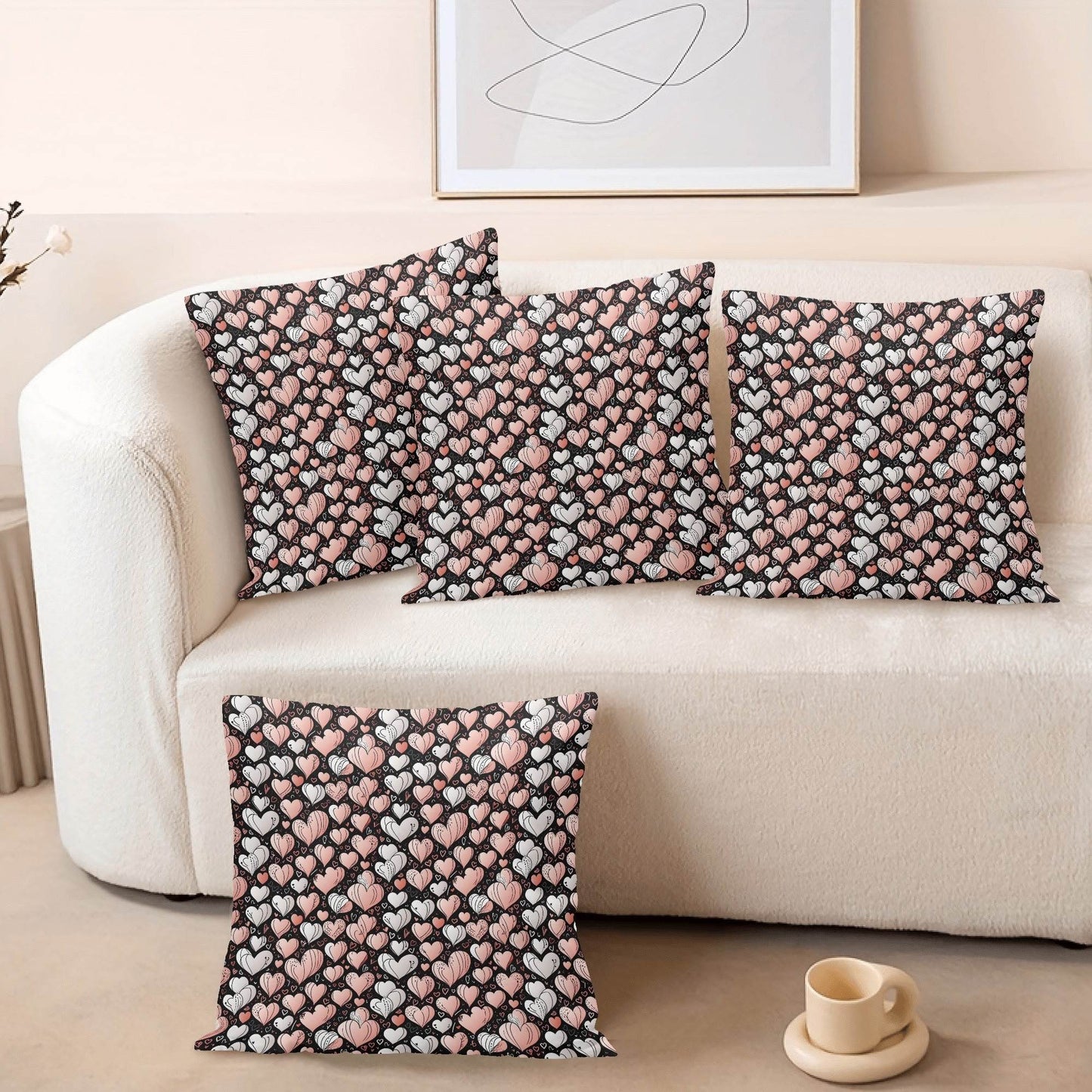 Pink Hearts Peach Velvet 4 Pcs Square Pillow Case Covers (5 sizes) - DeRose Seasonal