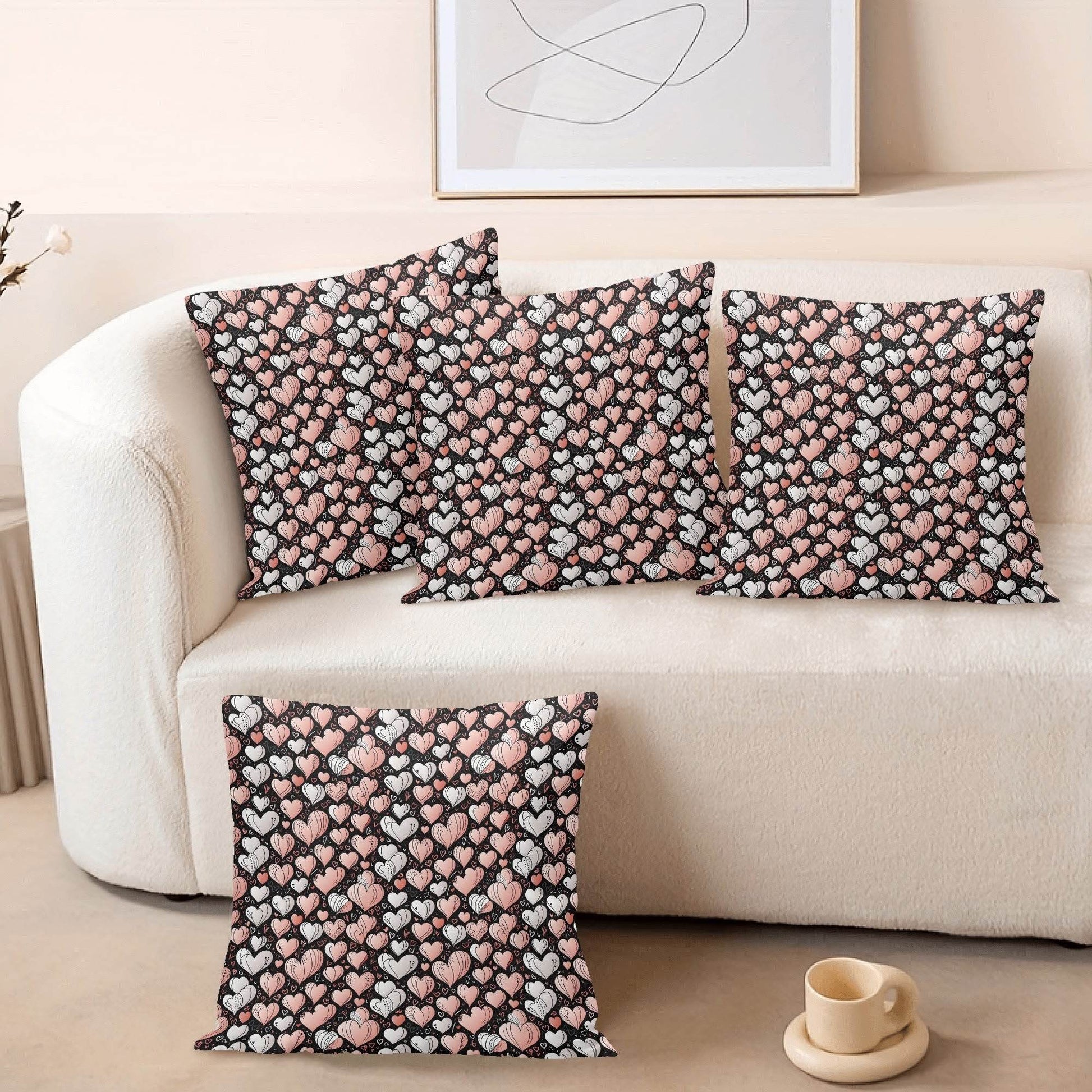 Pink Hearts Peach Velvet 4 Pcs Square Pillow Case Covers (5 sizes) - DeRose Seasonal