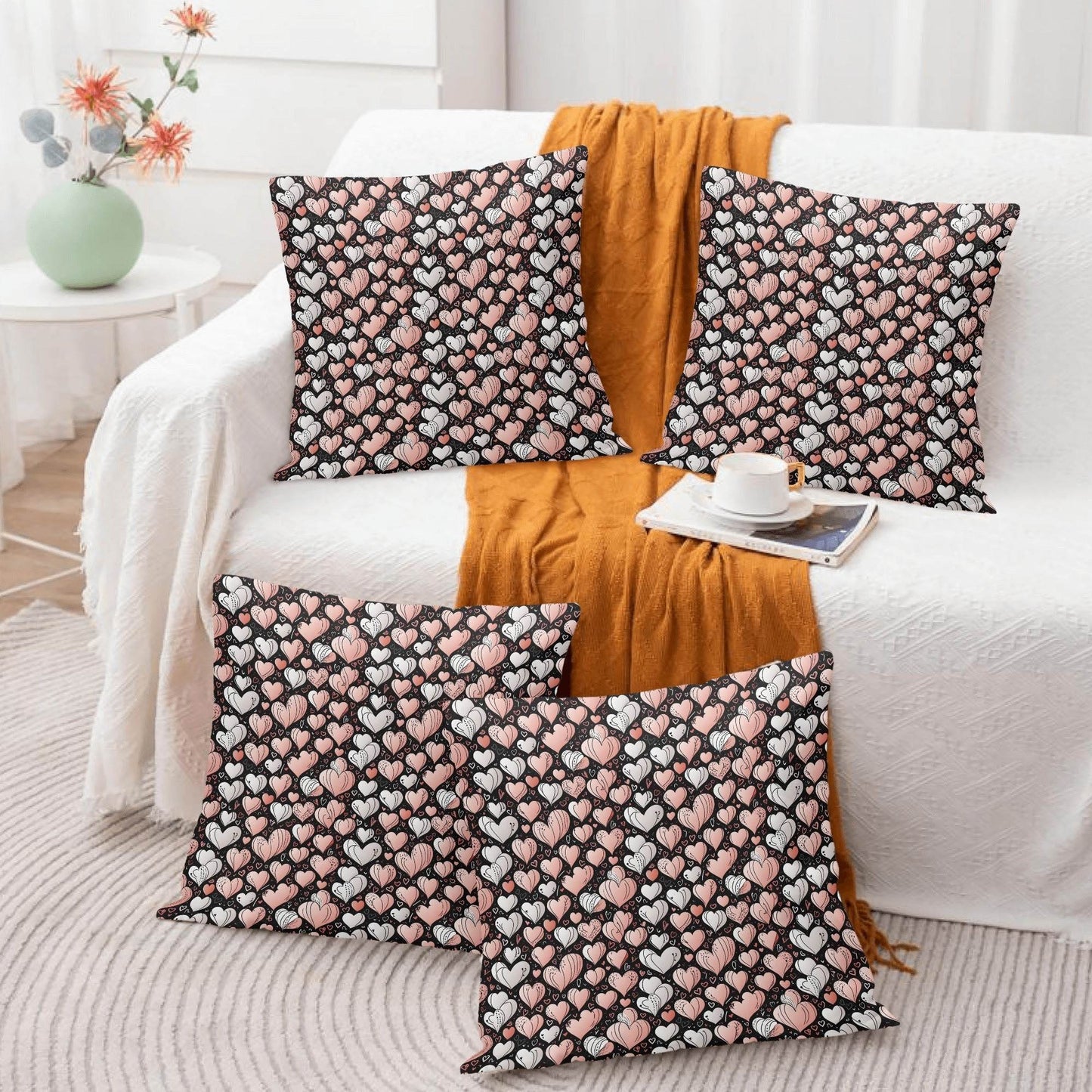 Pink Hearts Peach Velvet 4 Pcs Square Pillow Case Covers (5 sizes) - DeRose Seasonal